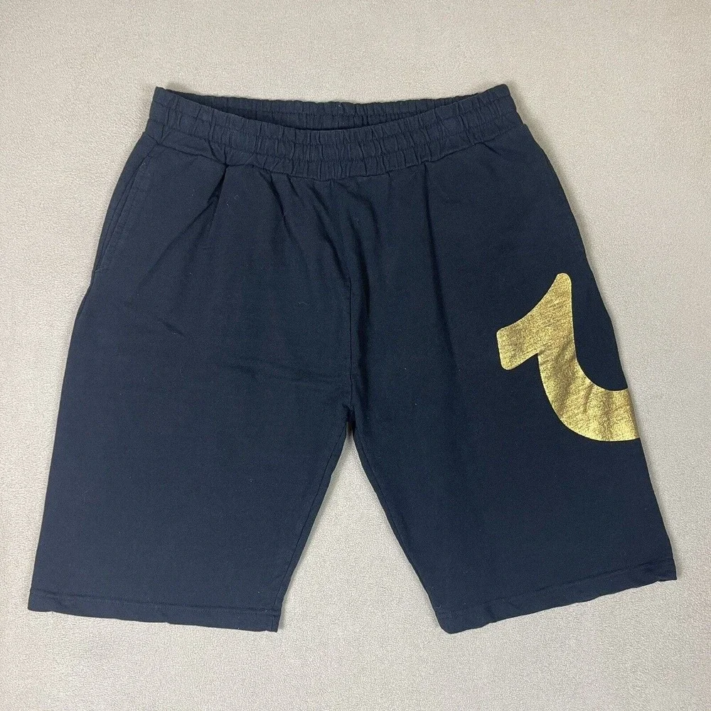 True Religion Shorts Mens Large Black Athletic Gold Logo Gym Workout Adult